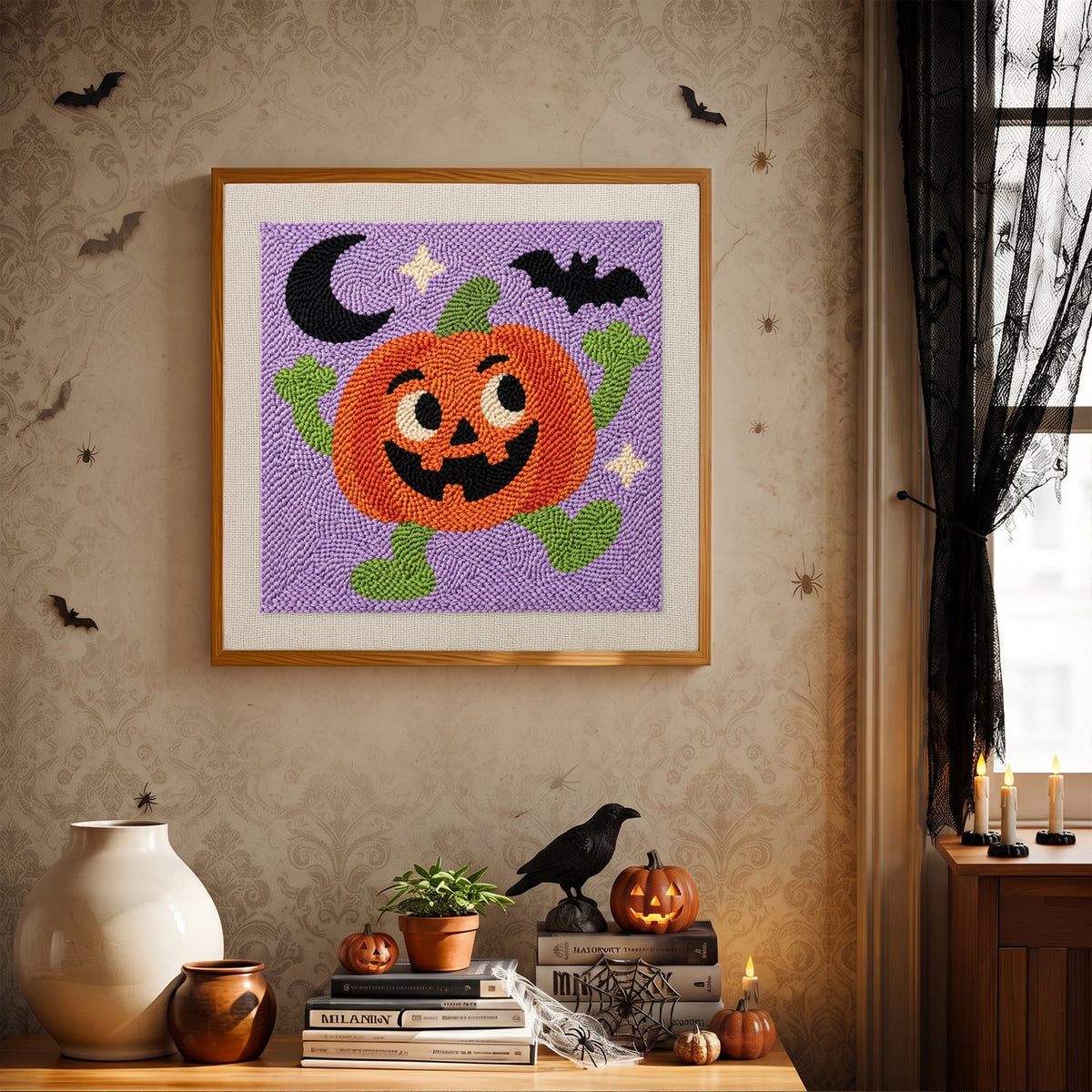 Finished Dancing Jack-o'-Lantern punch needle canvas on a wall