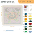 Dancing Jack-o'-Lantern punch needle kit, 24 × 24 in (60 × 60 cm): canvas size and kit contents