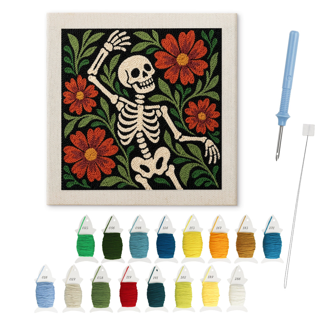Dancing Skeleton punch needle kit: finished canvas with threads, punch needle and threader