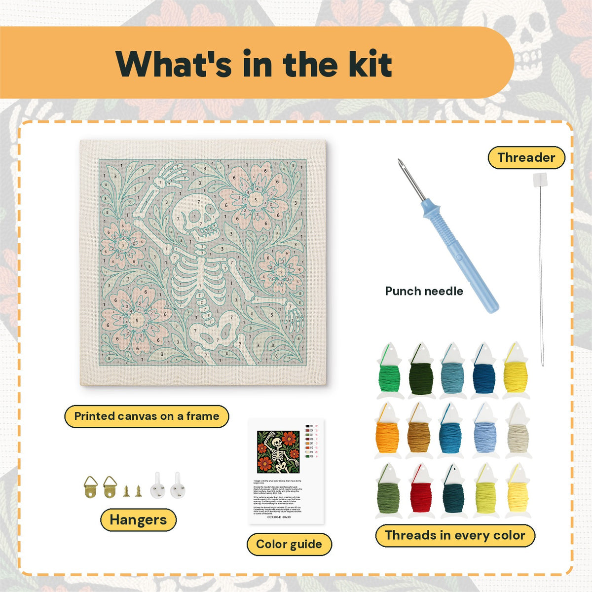 What is in the Dancing Skeleton kit: printed canvas, punch needle, threader, threads, color guide and hangers