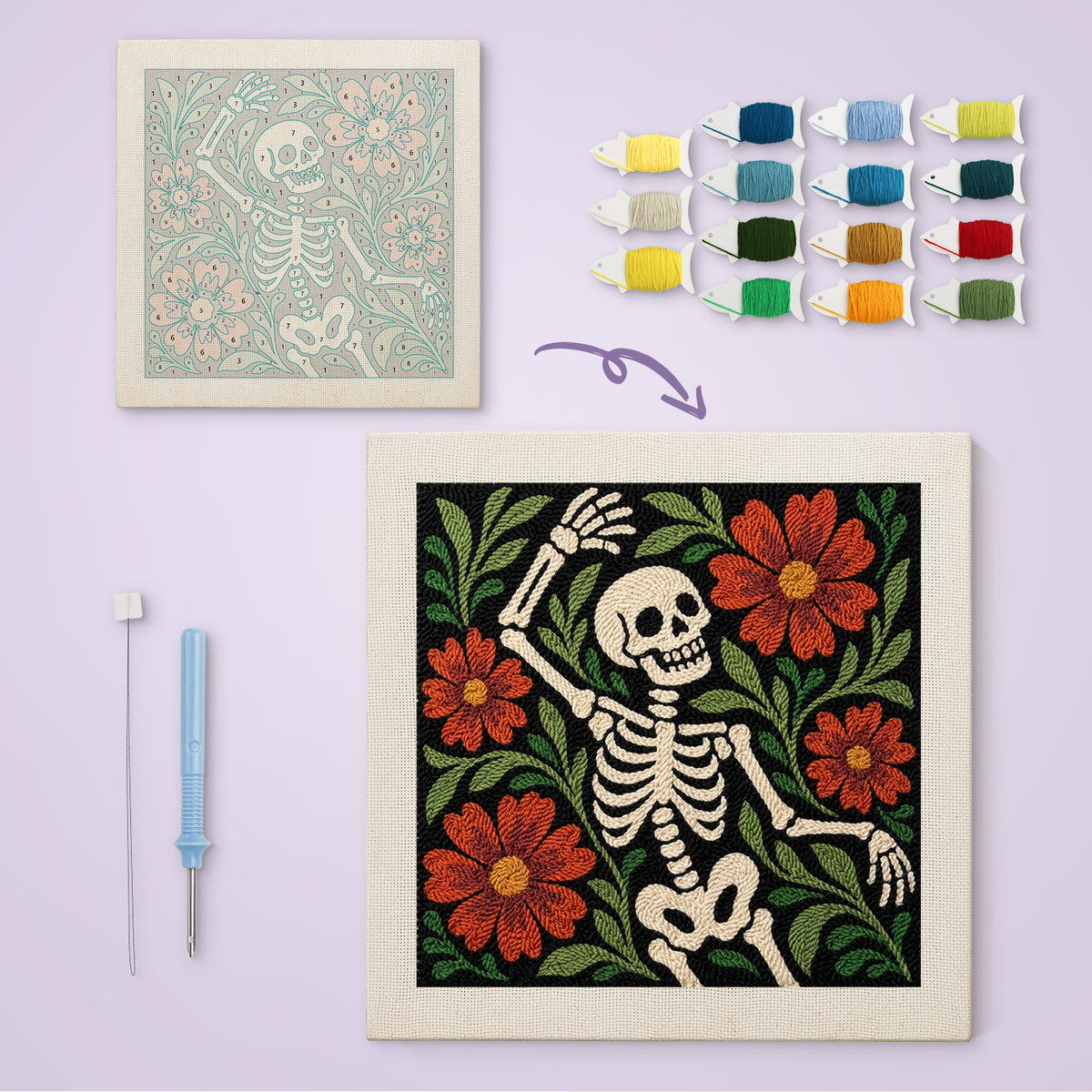Dancing Skeleton canvas before and after punching, with the threads and tools