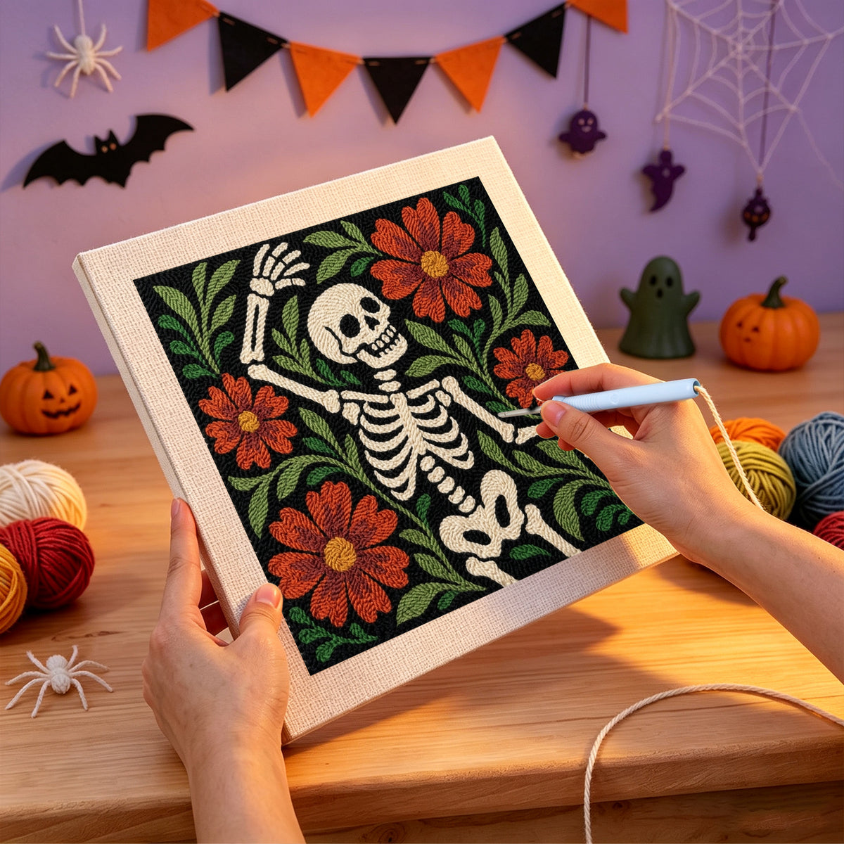 Punching the Dancing Skeleton design with the punch needle