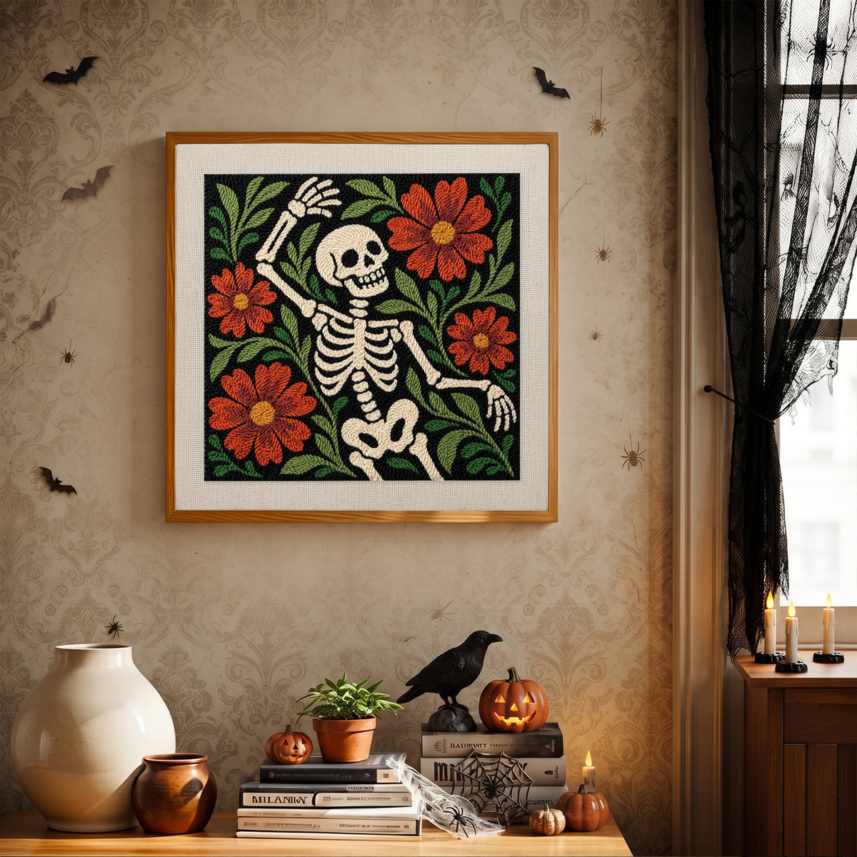 Finished Dancing Skeleton punch needle canvas on a wall