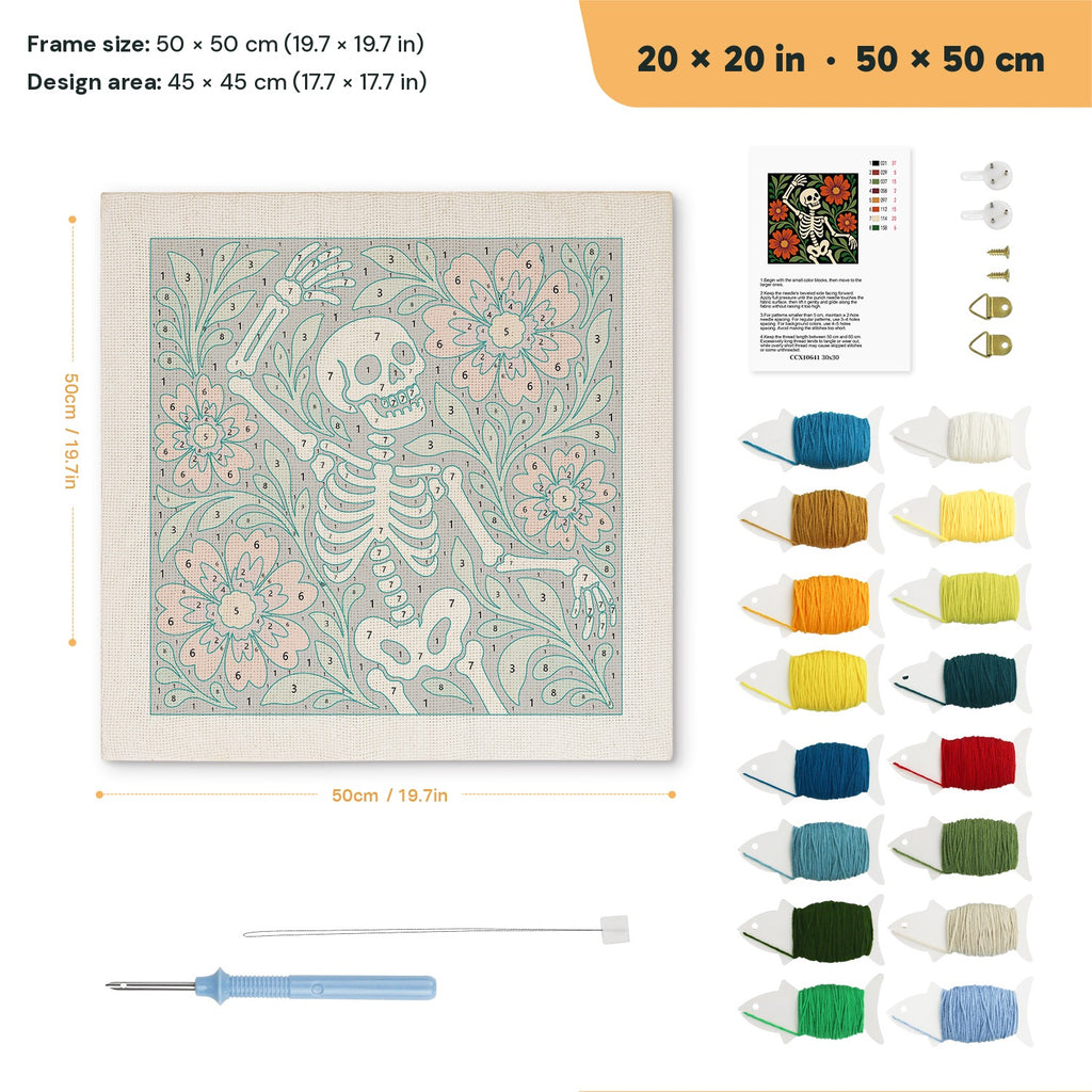 Dancing Skeleton punch needle kit, 20 × 20 in (50 × 50 cm): canvas size and kit contents