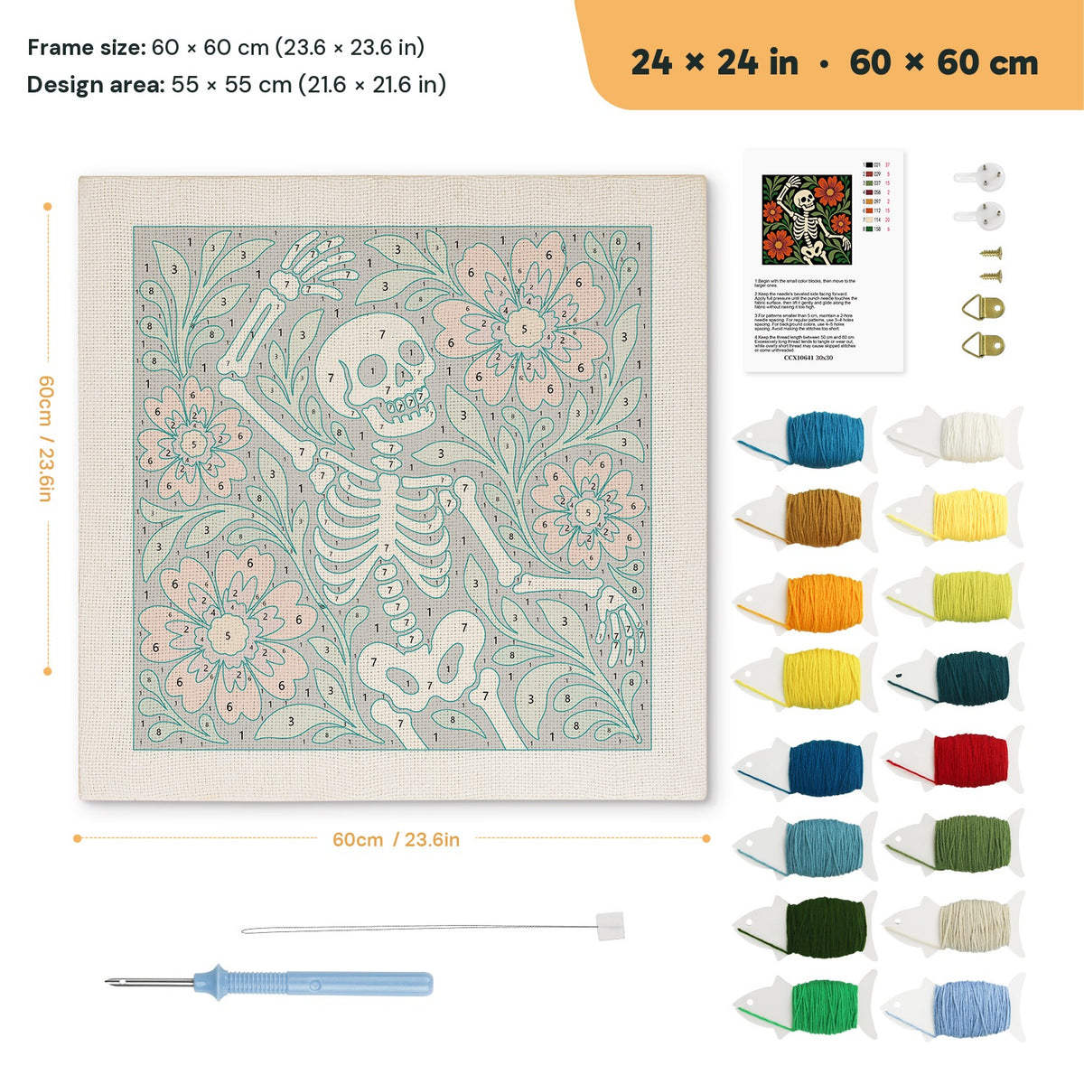 Dancing Skeleton punch needle kit, 24 × 24 in (60 × 60 cm): canvas size and kit contents