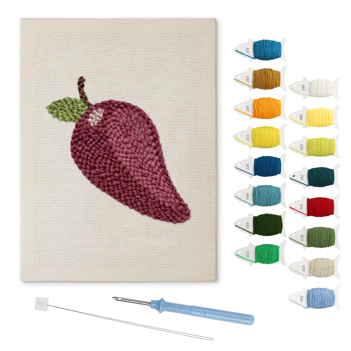 Dark Red Chili punch needle kit: finished canvas with threads, punch needle and threader