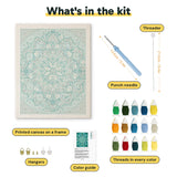 What is in the Deep Teal Mandala kit: printed canvas, punch needle, threader, threads, color guide and hangers