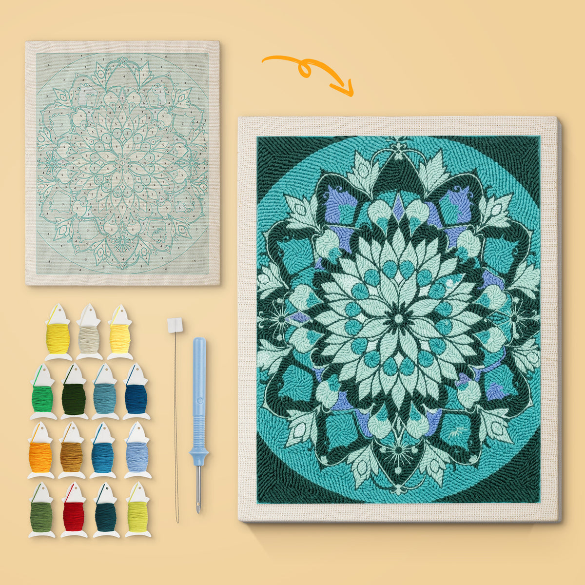 Deep Teal Mandala canvas before and after punching, with the threads and tools