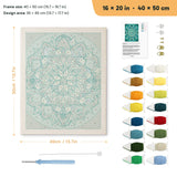 Deep Teal Mandala punch needle kit, 16 × 20 in (40 × 50 cm): canvas size and kit contents