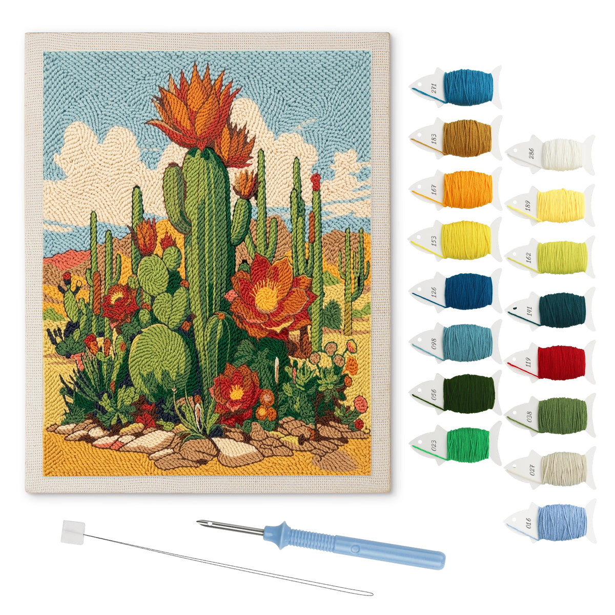 Desert Cactus Bloom punch needle kit: finished canvas with threads, punch needle and threader