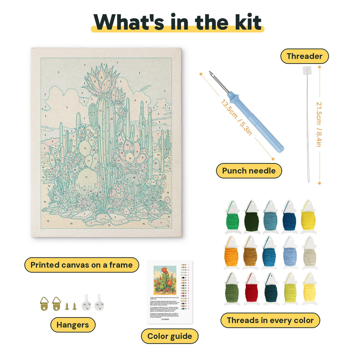 What is in the Desert Cactus Bloom kit: printed canvas, punch needle, threader, threads, color guide and hangers