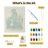 What is in the Desert Cactus Bloom kit: printed canvas, punch needle, threader, threads, color guide and hangers