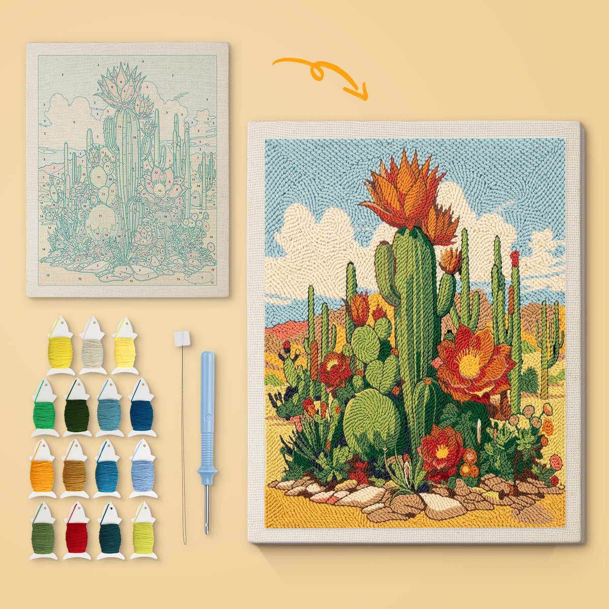 Desert Cactus Bloom canvas before and after punching, with the threads and tools