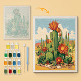 Desert Cactus Bloom canvas before and after punching, with the threads and tools