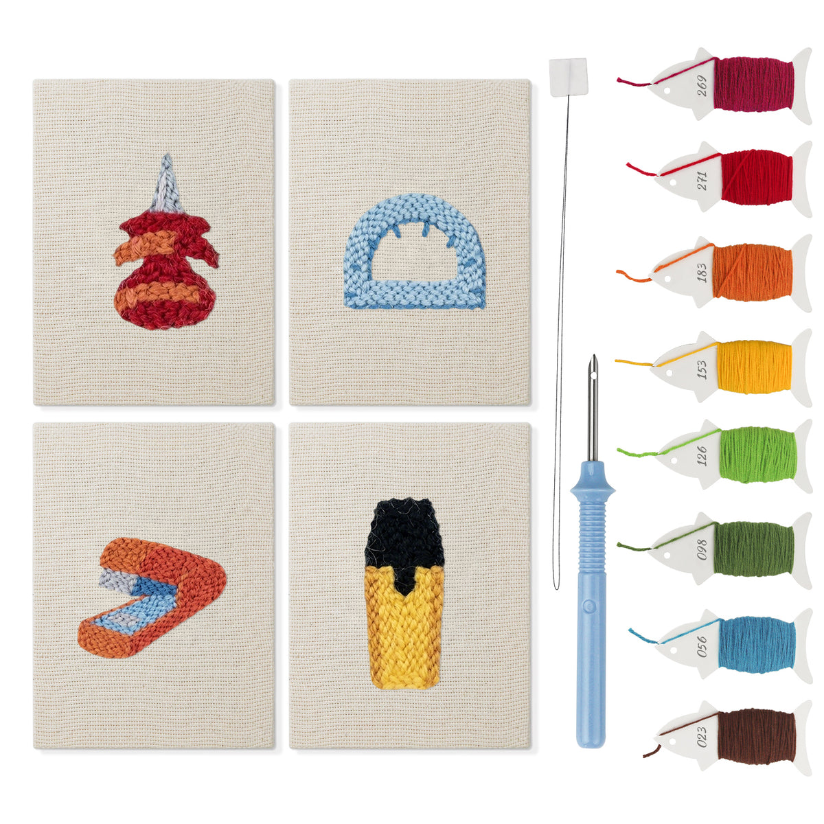 Desk Essentials mini punch needle kit set: four finished canvases with threads, punch needle and threader