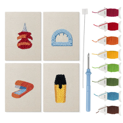 Desk Essentials mini punch needle kit set: four finished canvases with threads, punch needle and threader