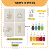 What is in the Desk Essentials set: 4 printed canvases, punch needle, threader, threads, color guide and 4 sets of hangers (6 × 8 in (15 × 20 cm) each)