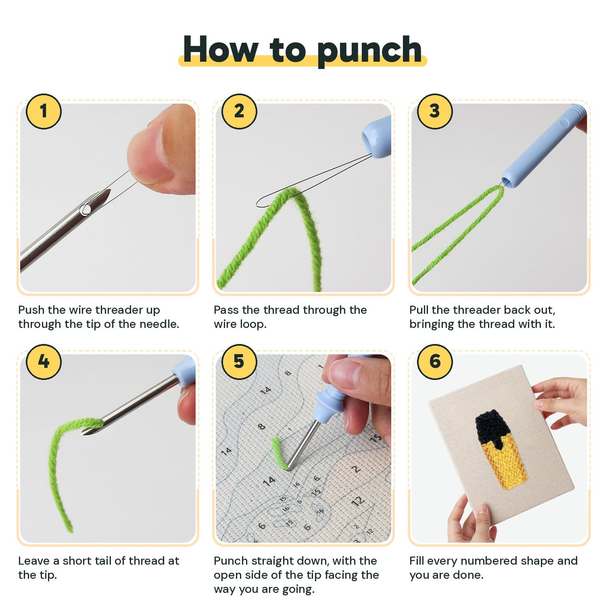 Six steps showing how to thread and use the punch needle