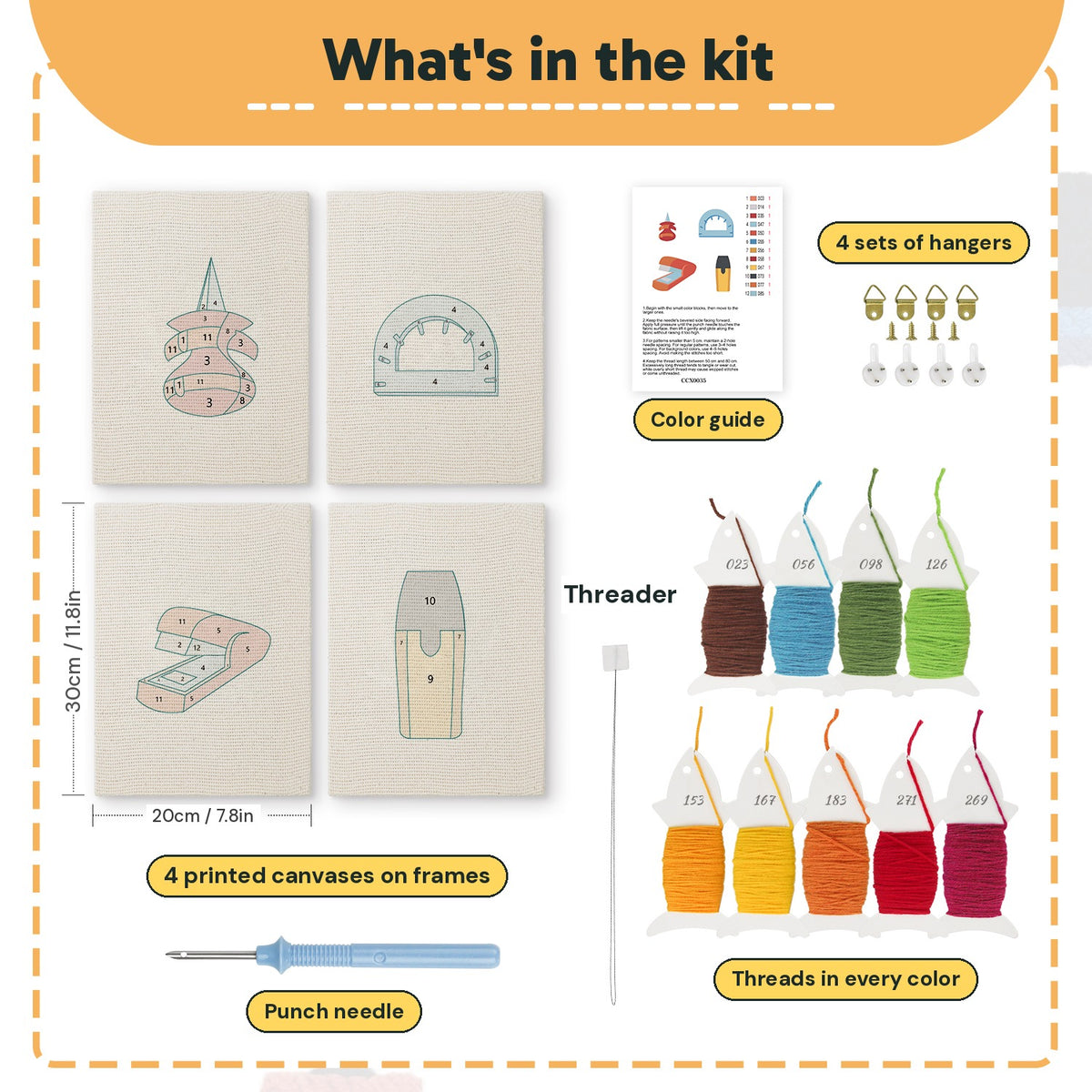 What is in the Desk Essentials set, 8 × 12 in (20 × 30 cm) each: 4 printed canvases, punch needle, threader, threads, color guide and 4 sets of hangers