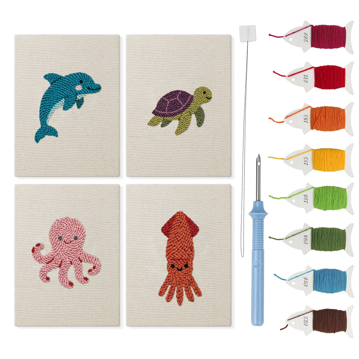 Dolphin and Squid mini punch needle kit set: four finished canvases with threads, punch needle and threader