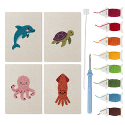 Dolphin and Squid mini punch needle kit set: four finished canvases with threads, punch needle and threader