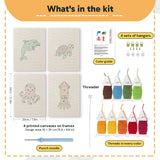 What is in the Dolphin and Squid set, 8 × 12 in (20 × 30 cm) each: 4 printed canvases, punch needle, threader, threads, color guide and 4 sets of hangers