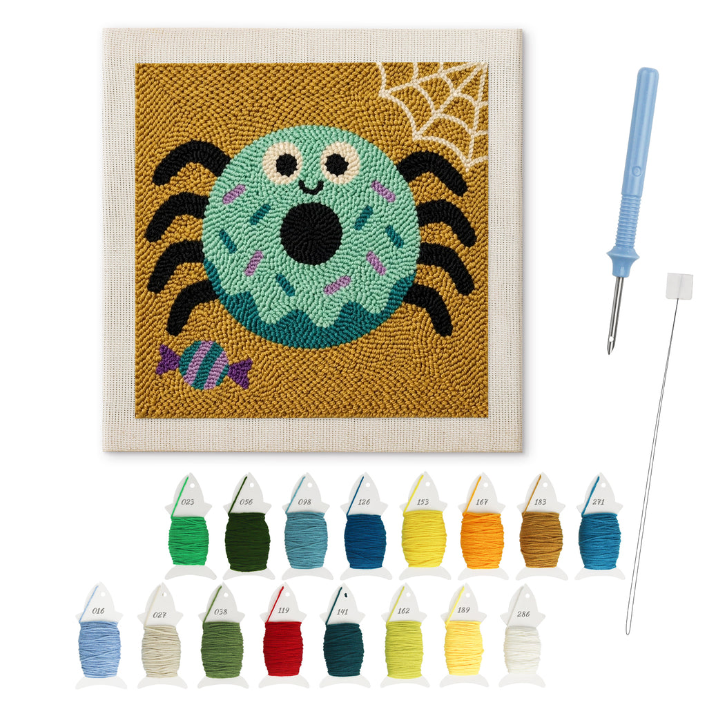 Donut Spider punch needle kit: finished canvas with threads, punch needle and threader