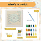 What is in the Donut Spider kit: printed canvas, punch needle, threader, threads, color guide and hangers