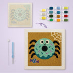 Donut Spider canvas before and after punching, with the threads and tools