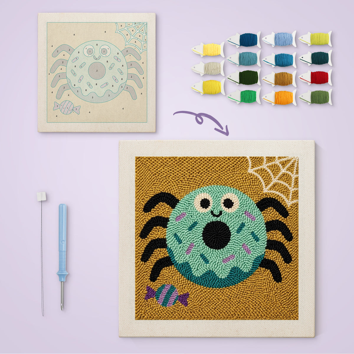 Donut Spider canvas before and after punching, with the threads and tools