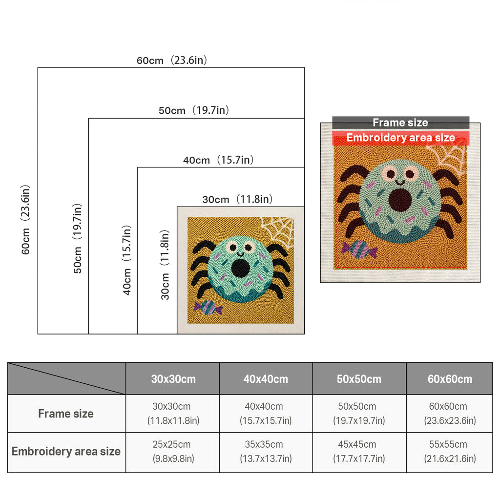 Size chart for square punch needle kits from 30 x 30 cm to 60 x 60 cm