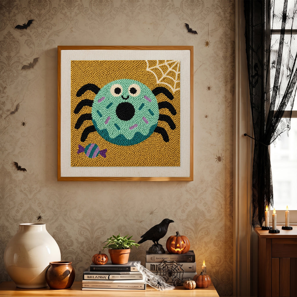 Finished Donut Spider punch needle canvas on a wall