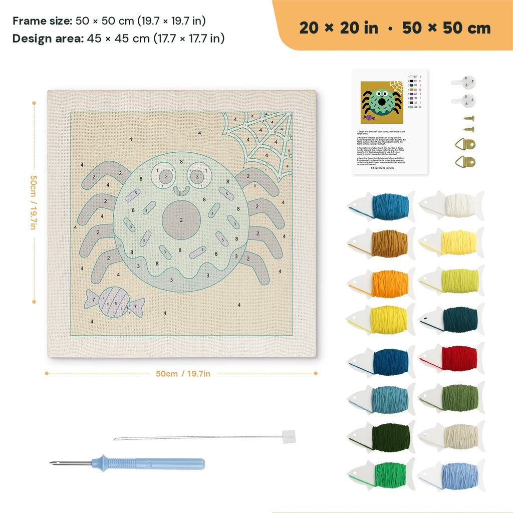 Donut Spider punch needle kit, 20 × 20 in (50 × 50 cm): canvas size and kit contents