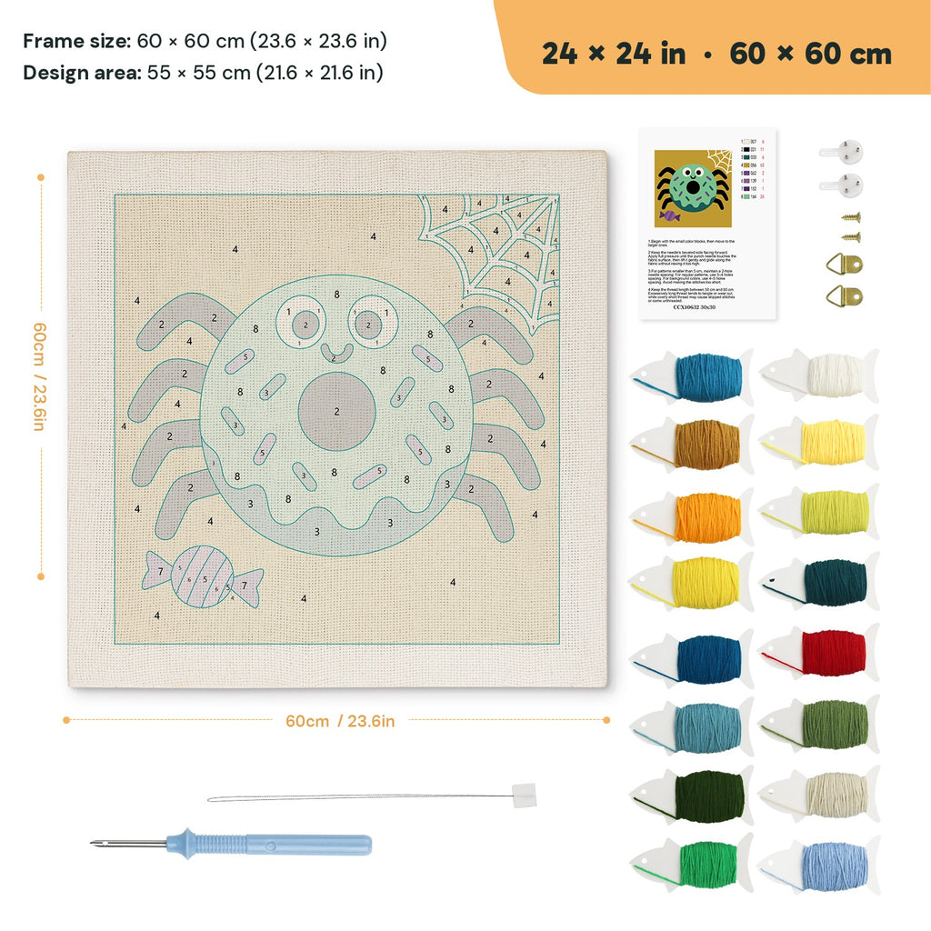 Donut Spider punch needle kit, 24 × 24 in (60 × 60 cm): canvas size and kit contents
