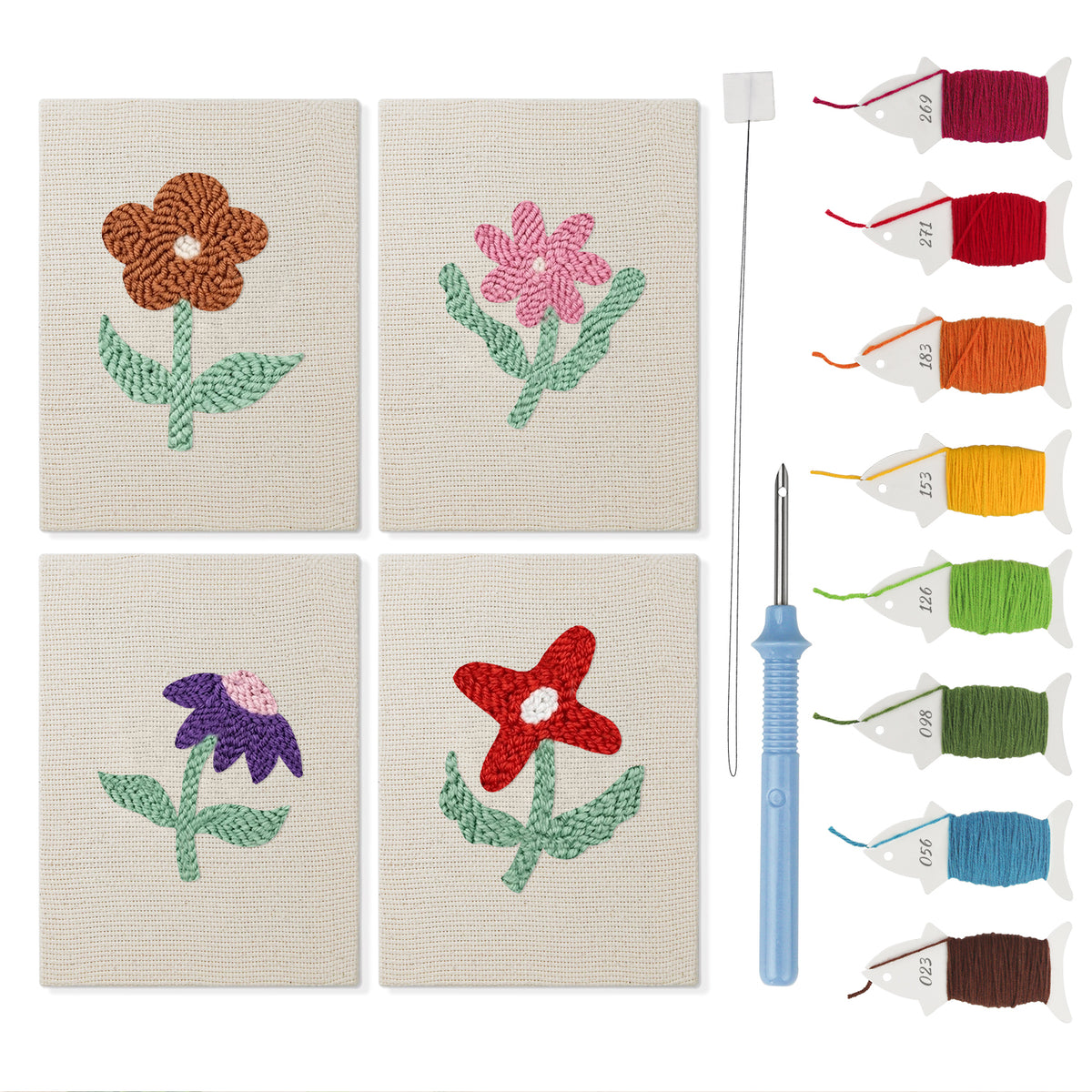 Doodle Flowers mini punch needle kit set: four finished canvases with threads, punch needle and threader