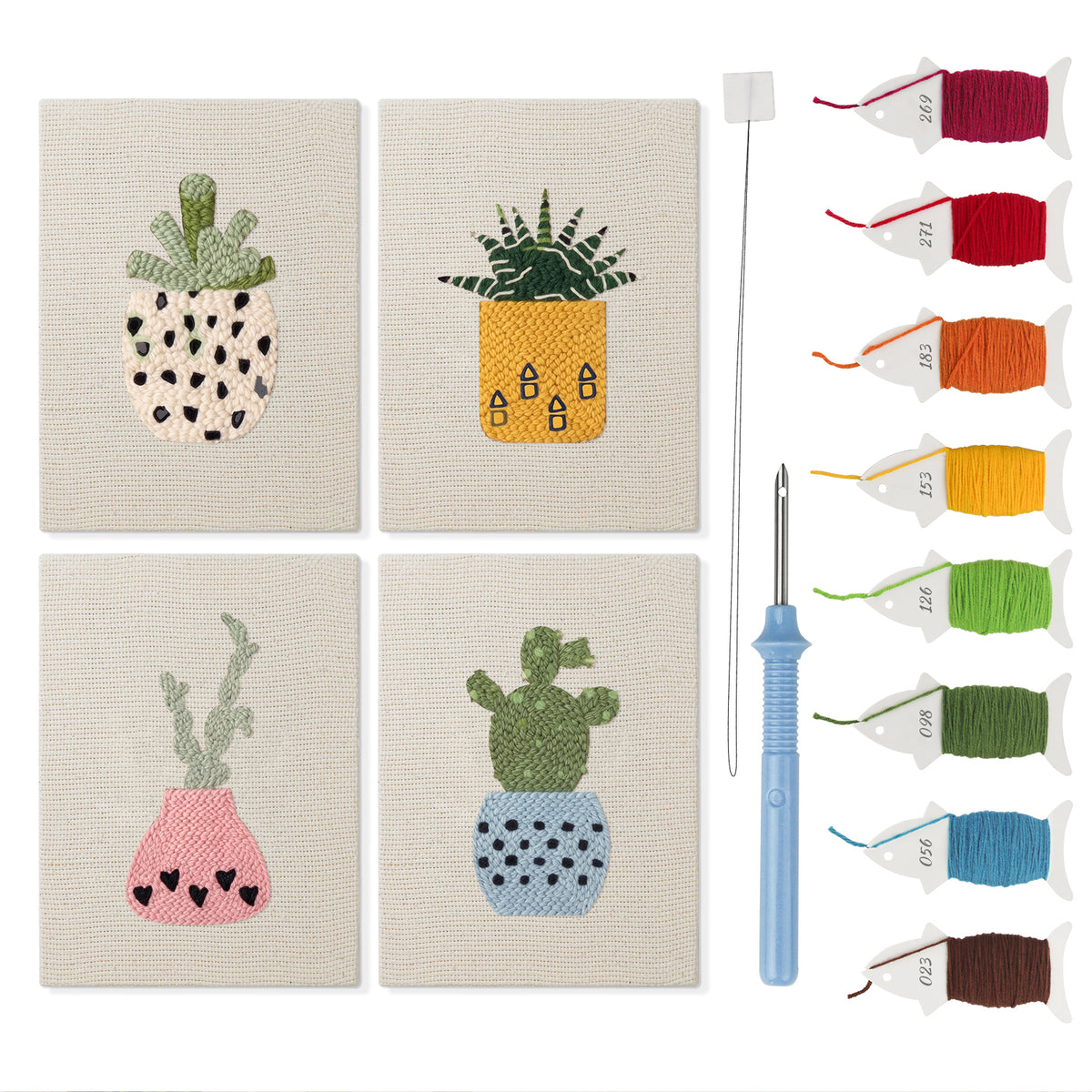 Dotted Pot Succulents mini punch needle kit set: four finished canvases with threads, punch needle and threader