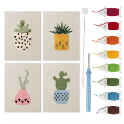 Dotted Pot Succulents mini punch needle kit set: four finished canvases with threads, punch needle and threader