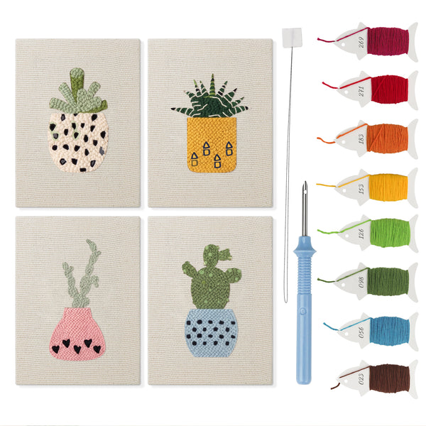 Dotted Pot Succulents mini punch needle kit set: four finished canvases with threads, punch needle and threader