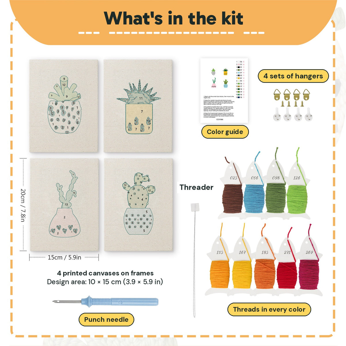 What is in the Dotted Pot Succulents set: 4 printed canvases, punch needle, threader, threads, color guide and 4 sets of hangers (6 × 8 in (15 × 20 cm) each)