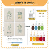 What is in the Dotted Pot Succulents set: 4 printed canvases, punch needle, threader, threads, color guide and 4 sets of hangers (6 × 8 in (15 × 20 cm) each)