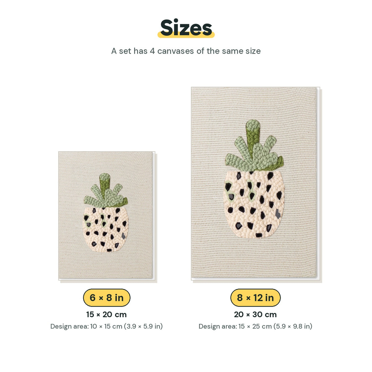 Size chart for the two mini canvas sizes: 6 x 8 in and 8 x 12 in