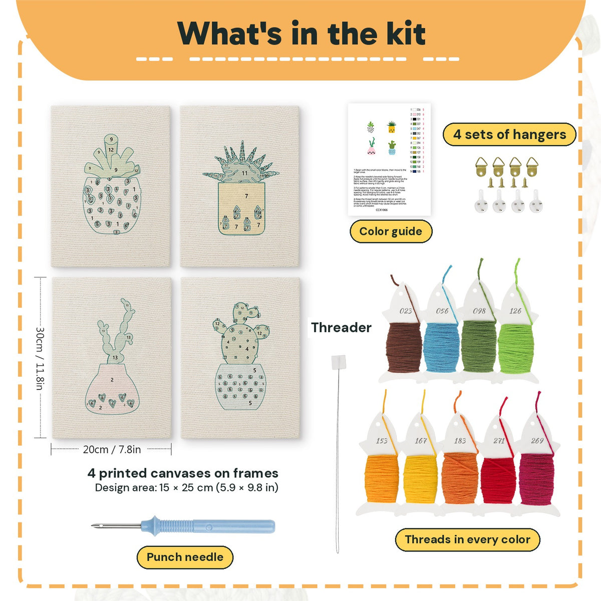 What is in the Dotted Pot Succulents set, 8 × 12 in (20 × 30 cm) each: 4 printed canvases, punch needle, threader, threads, color guide and 4 sets of hangers