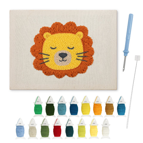 Dozing Lion punch needle kit: finished canvas with threads, punch needle and threader