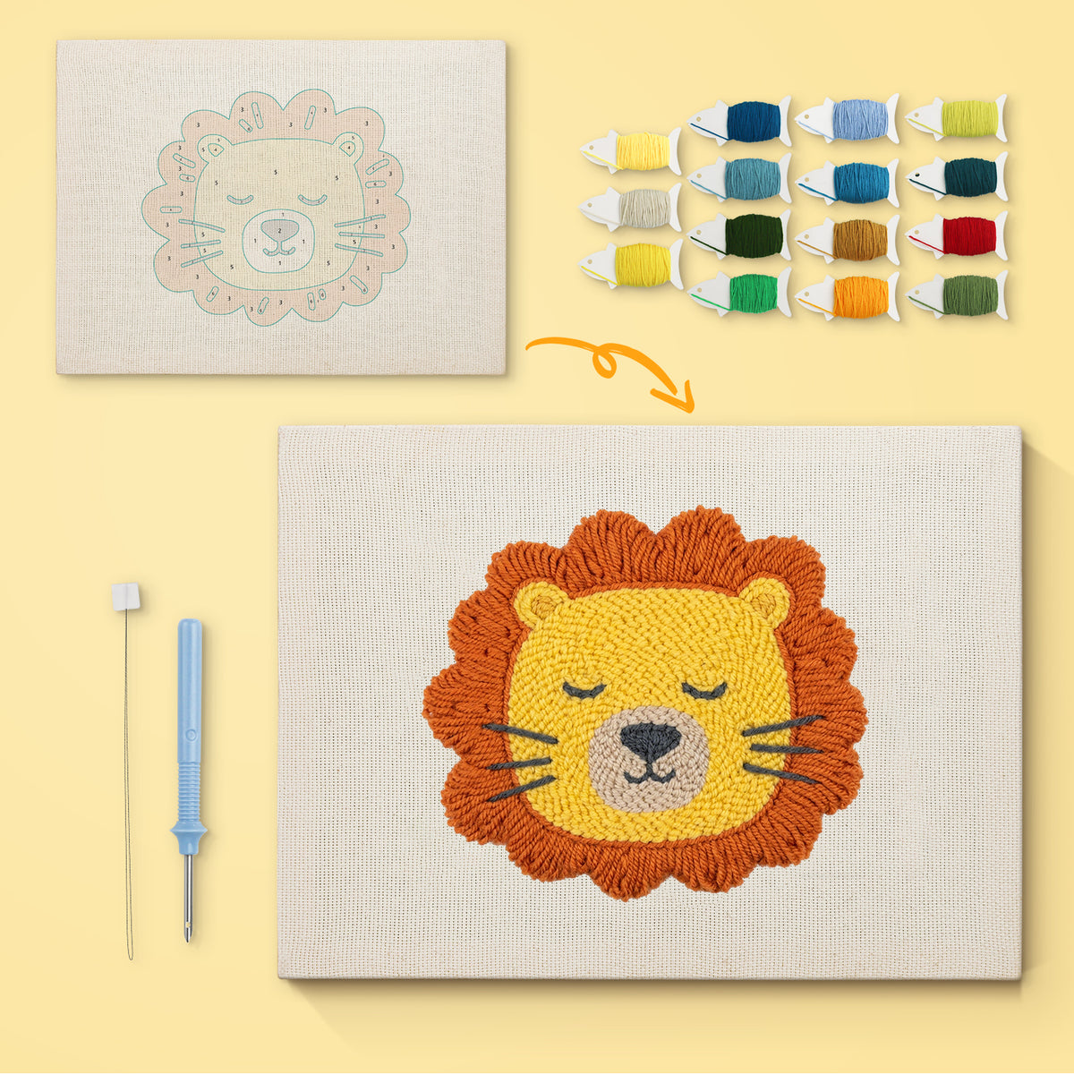 Dozing Lion canvas before and after punching, with the threads and tools