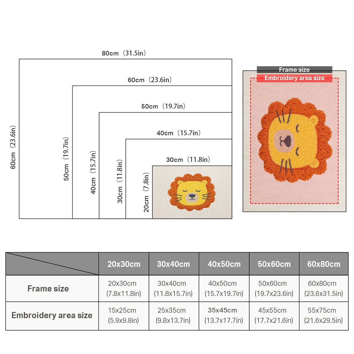 Size chart for punch needle kits from 20 x 30 cm to 60 x 80 cm