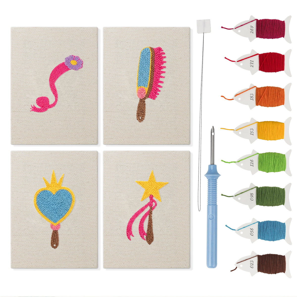 Dress Up Favorites mini punch needle kit set: four finished canvases with threads, punch needle and threader