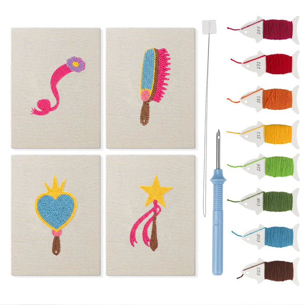 Dress Up Favorites mini punch needle kit set: four finished canvases with threads, punch needle and threader