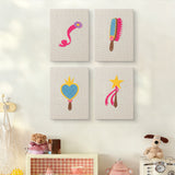 The four Dress Up Favorites mini canvases on a wall above a shelf