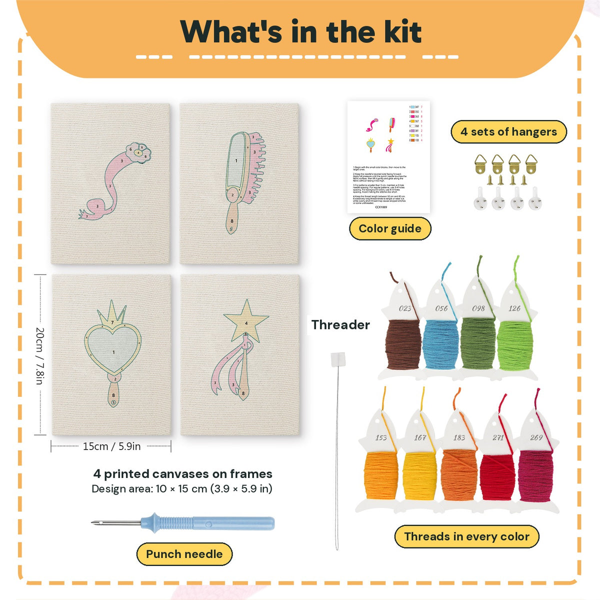 What is in the Dress Up Favorites set: 4 printed canvases, punch needle, threader, threads, color guide and 4 sets of hangers (6 × 8 in (15 × 20 cm) each)
