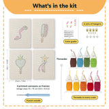 What is in the Dress Up Favorites set: 4 printed canvases, punch needle, threader, threads, color guide and 4 sets of hangers (6 × 8 in (15 × 20 cm) each)